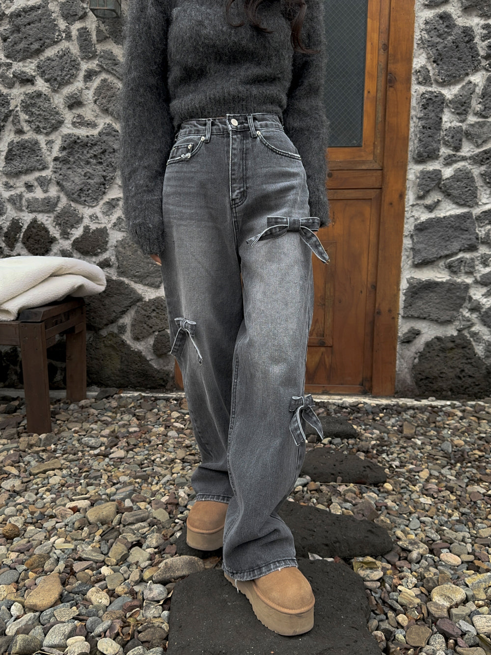 High Waist Slimming Casual Straight-leg Bow Washed Jeans Women's Pants