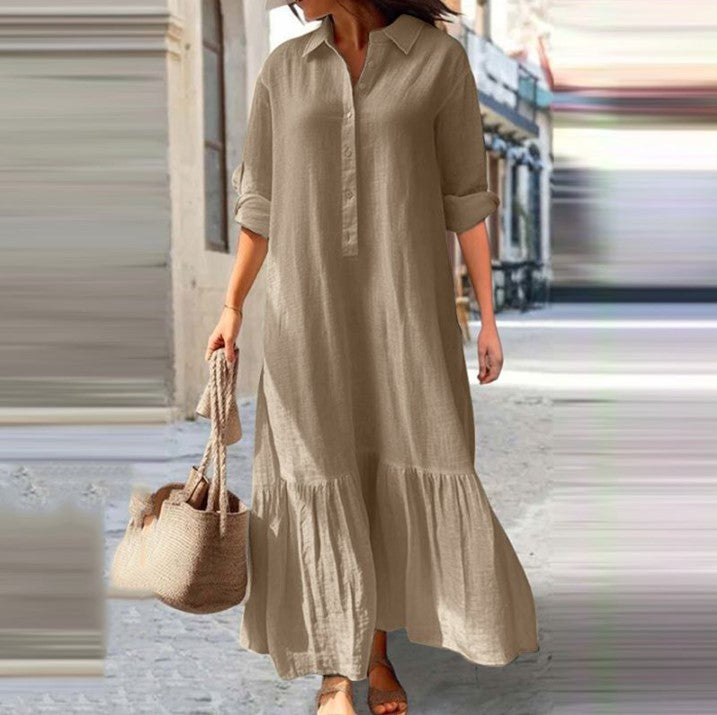 Long Asymmetrical Cotton Linen Dress With A Shirt Collar And Twist Buttons