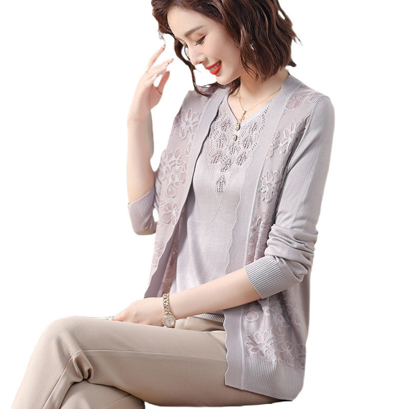 Spring Wear For Moms Fashionable Jacket Thin Knitted Cardigan Two-piece Suit