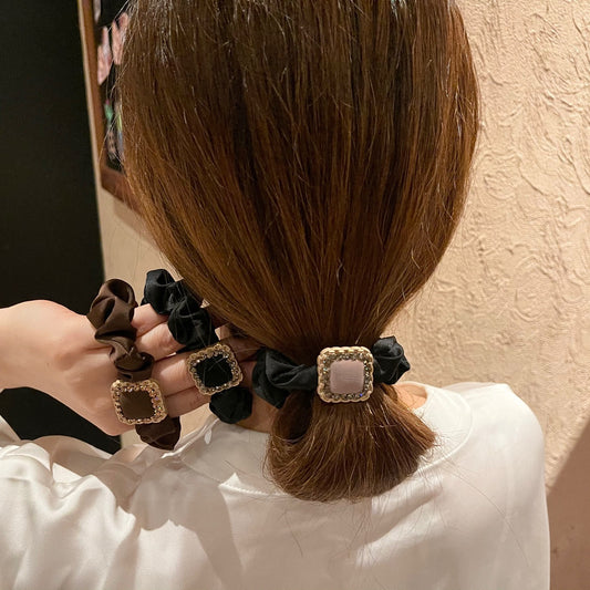 Leather Square Rhinestone Hair Ring Forest Temperament Large Intestine Ring