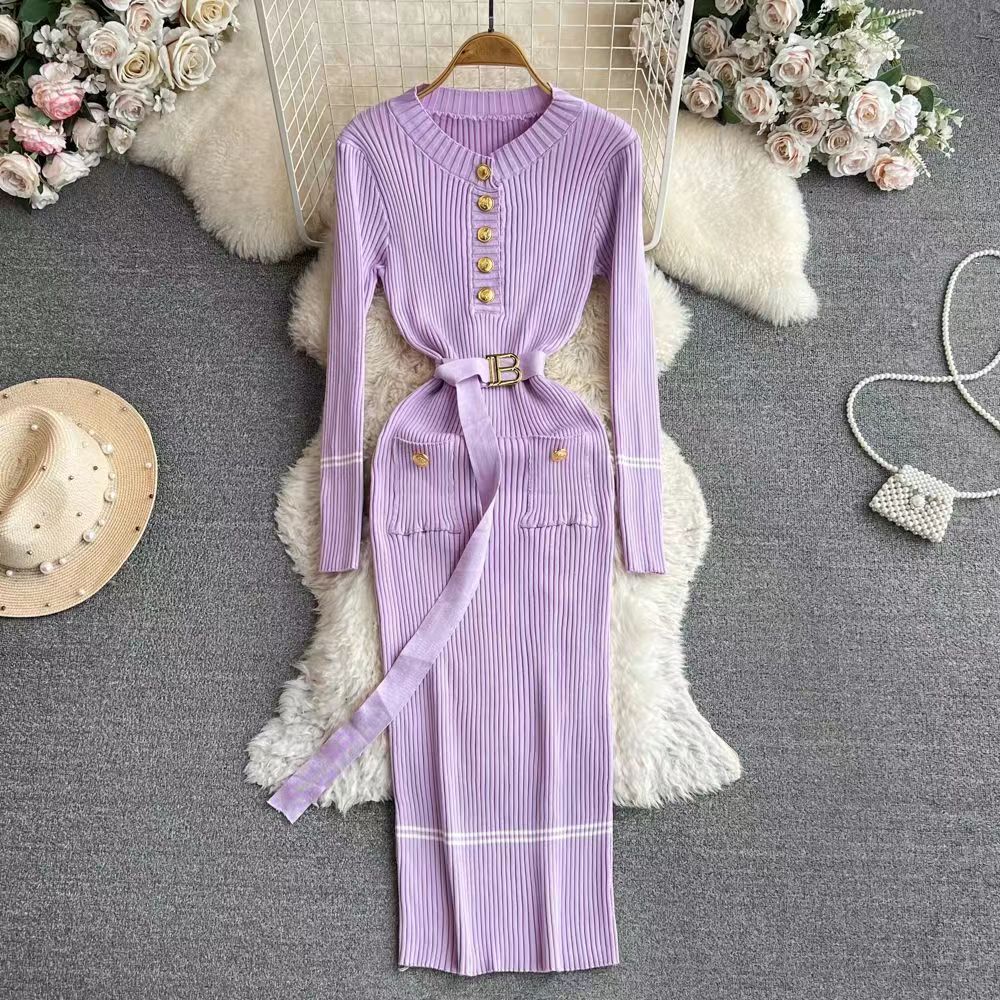 French-style Elegant Figure-flattering Crew-neck Dress