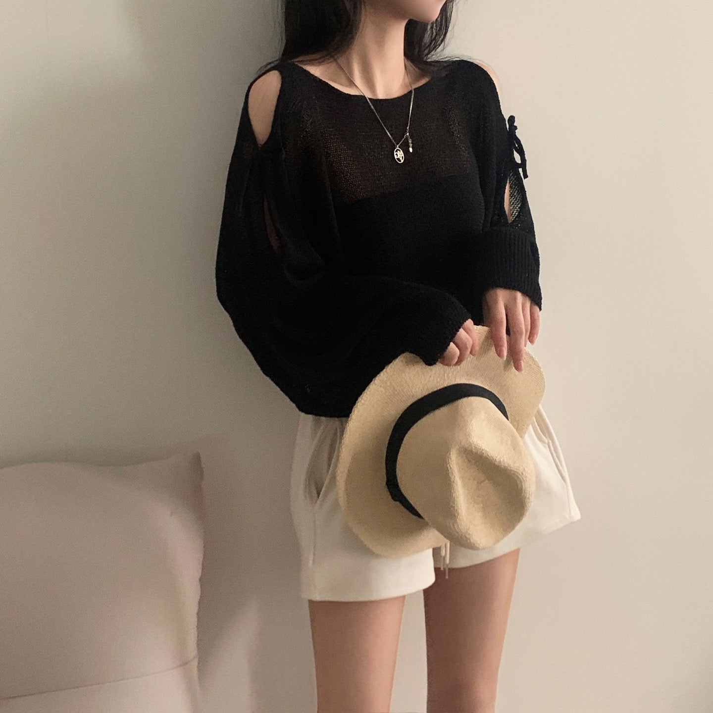 Lace-up Cutout Off-shoulder Loose Sun Protection Sweater Top
