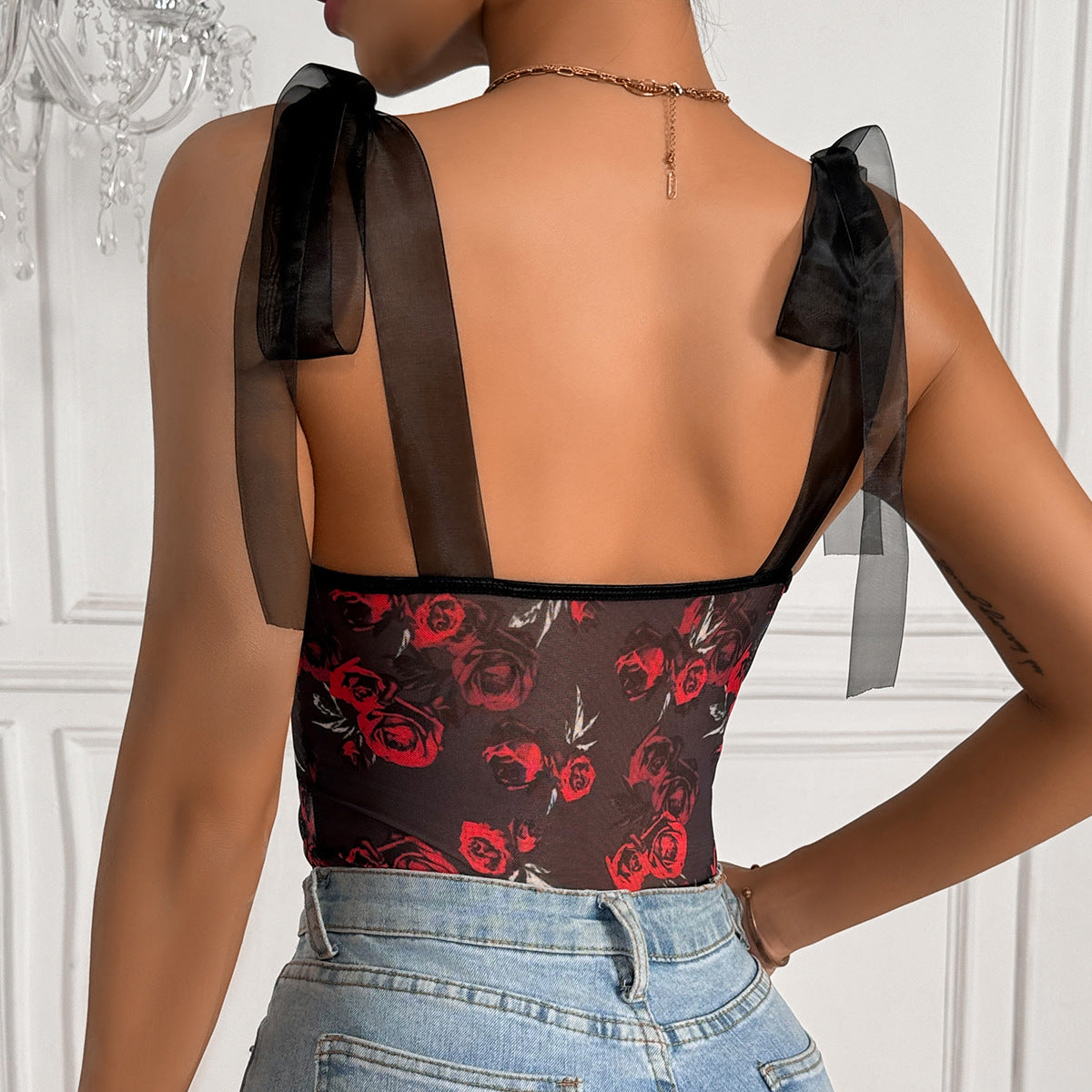 Womens Sexy Floral Printed Underwire Strappy Bodysuit