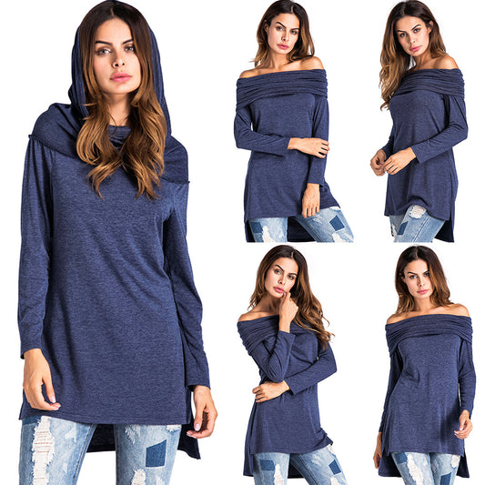 K8397 European And American Sexy One-word With Hat Long Sleeve Short Front And Long Back Hem Nightclub