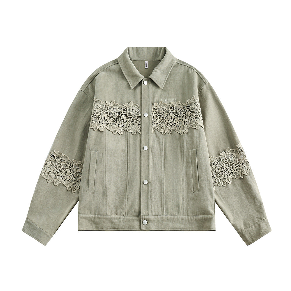 Stitching Hollow Lace Lapel Denim Coat Men