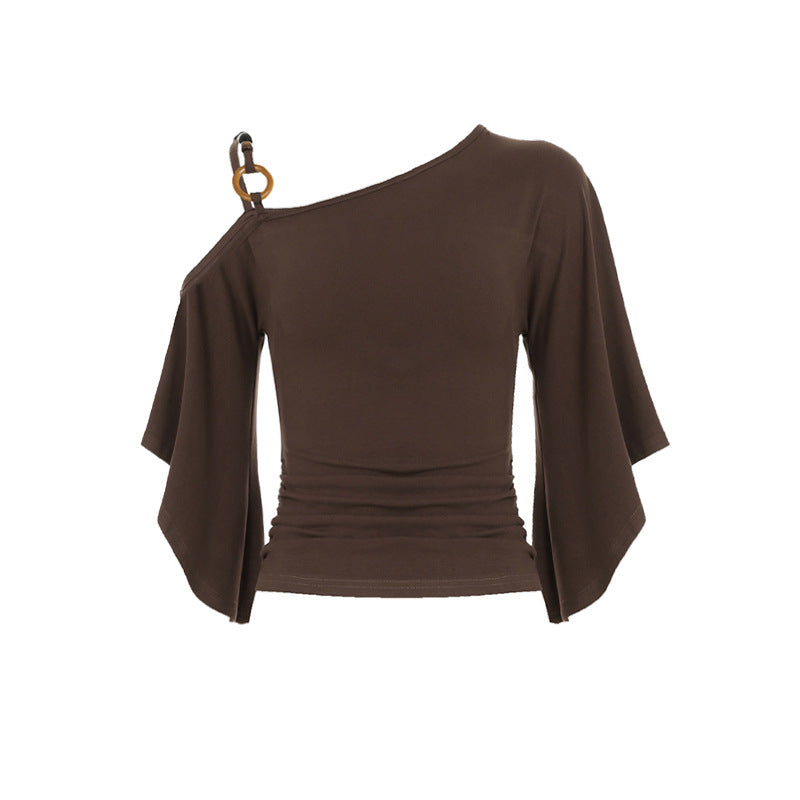 Vintage Off-shoulder Beaded-strapped Lantern-sleeve T-shirt