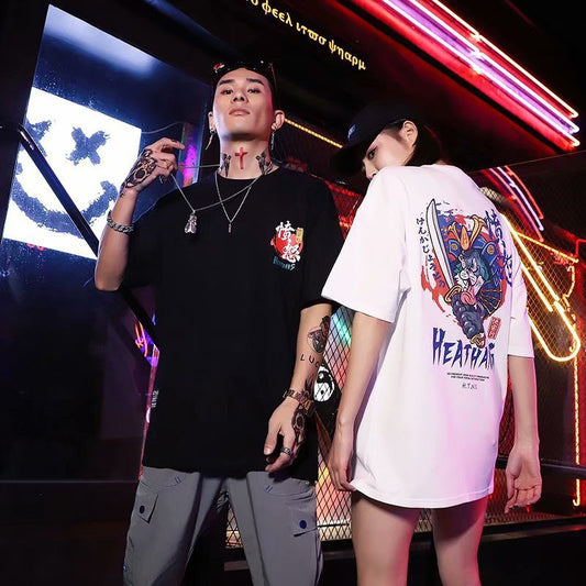 Mænd og kvinder sommer street løs hiphop-T-shirt med vågnende løve stil til par