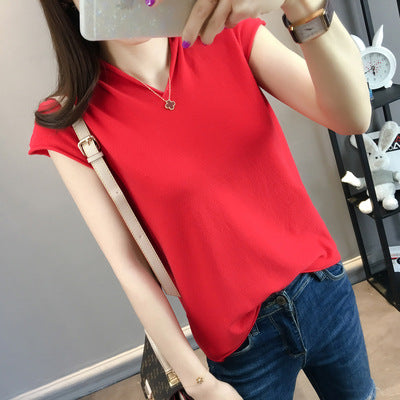 Womens Cotton-linen V-neck Short-sleeve T-shirt In Solid Colors