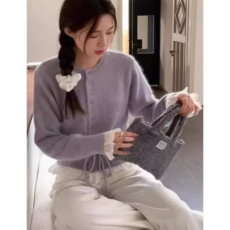 Womens Solid-Color Defined-Waistline Lace-Patchwork Sweater