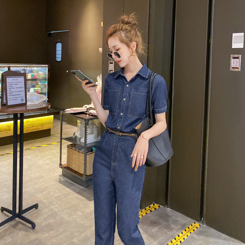 Sommer Ny Kortærmet Jumpsuit Overall Jeans Tøj Dame Jumpsuit