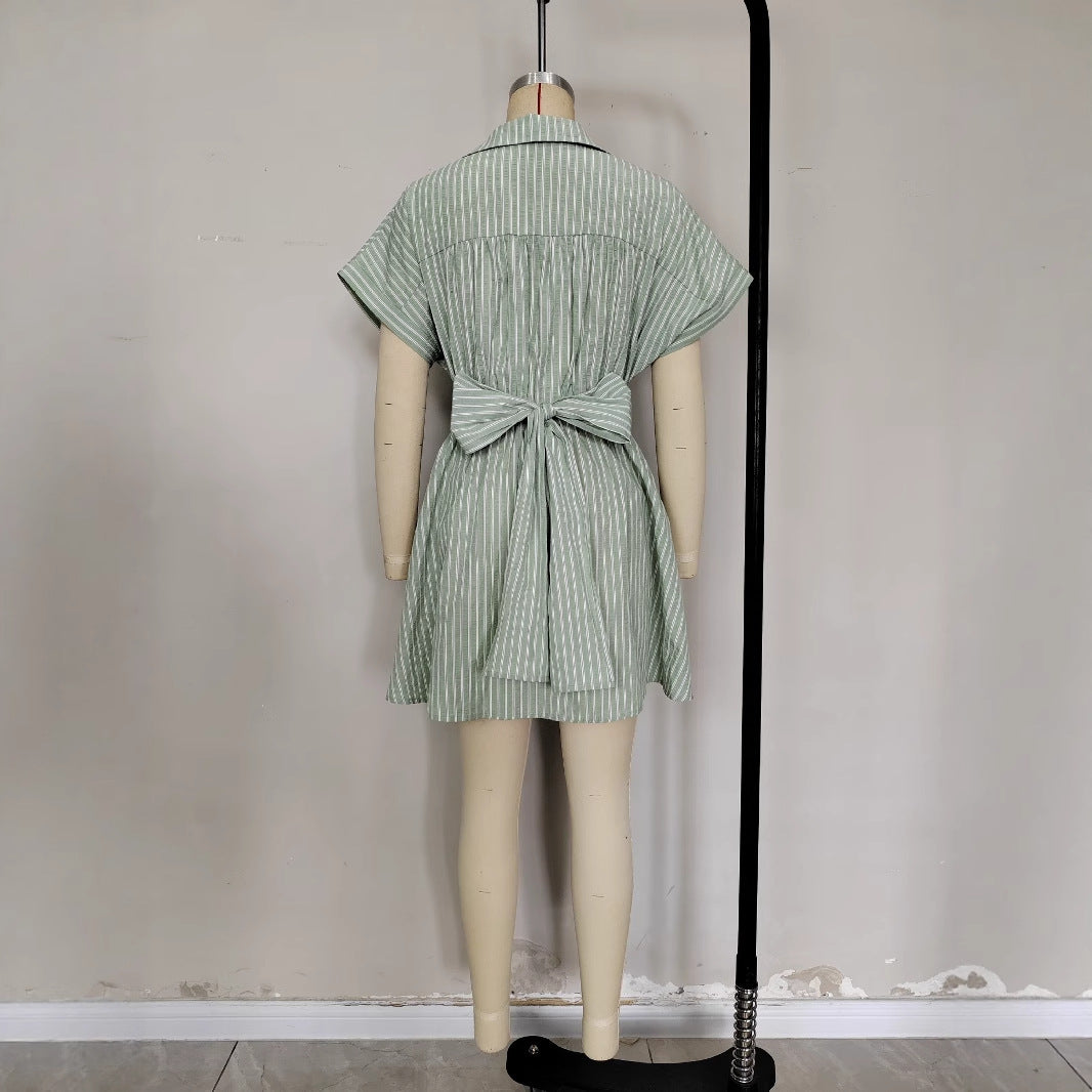 Striped Lace-Up Lapel Casual Short-Sleeve Dress