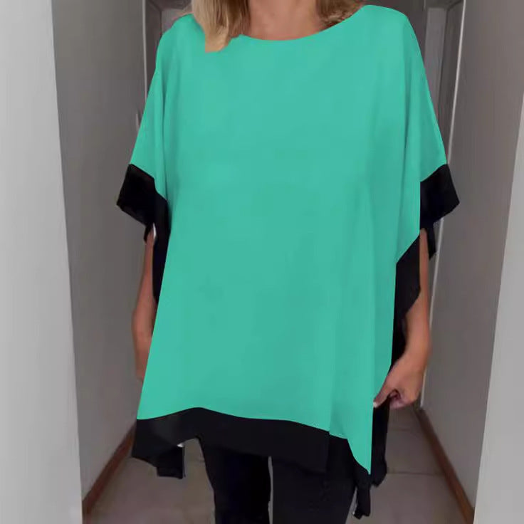 Front Chest Round Neck Loose Short Sleeves Batwing Sleeve Solid Color Stitching T-shirt