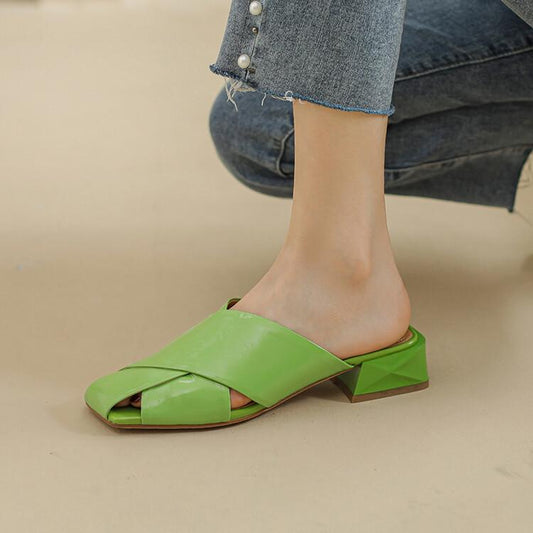 Outer Wear Muller Women's Sandals And Half Slippers With Low Heels Green Lemon Yellow White