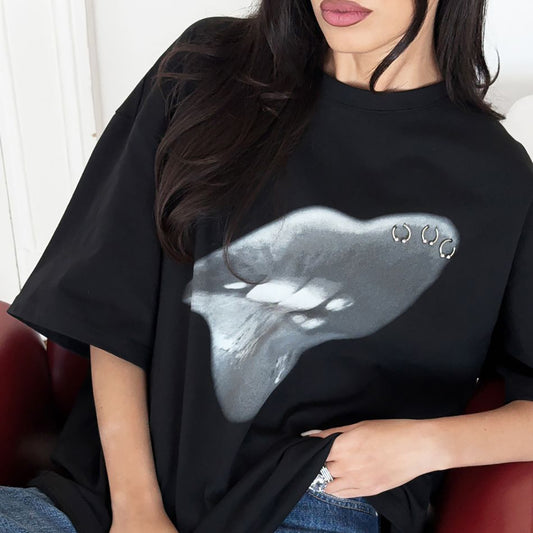 Fashion Tide Brand Women's Clothing Washed Lip Printings