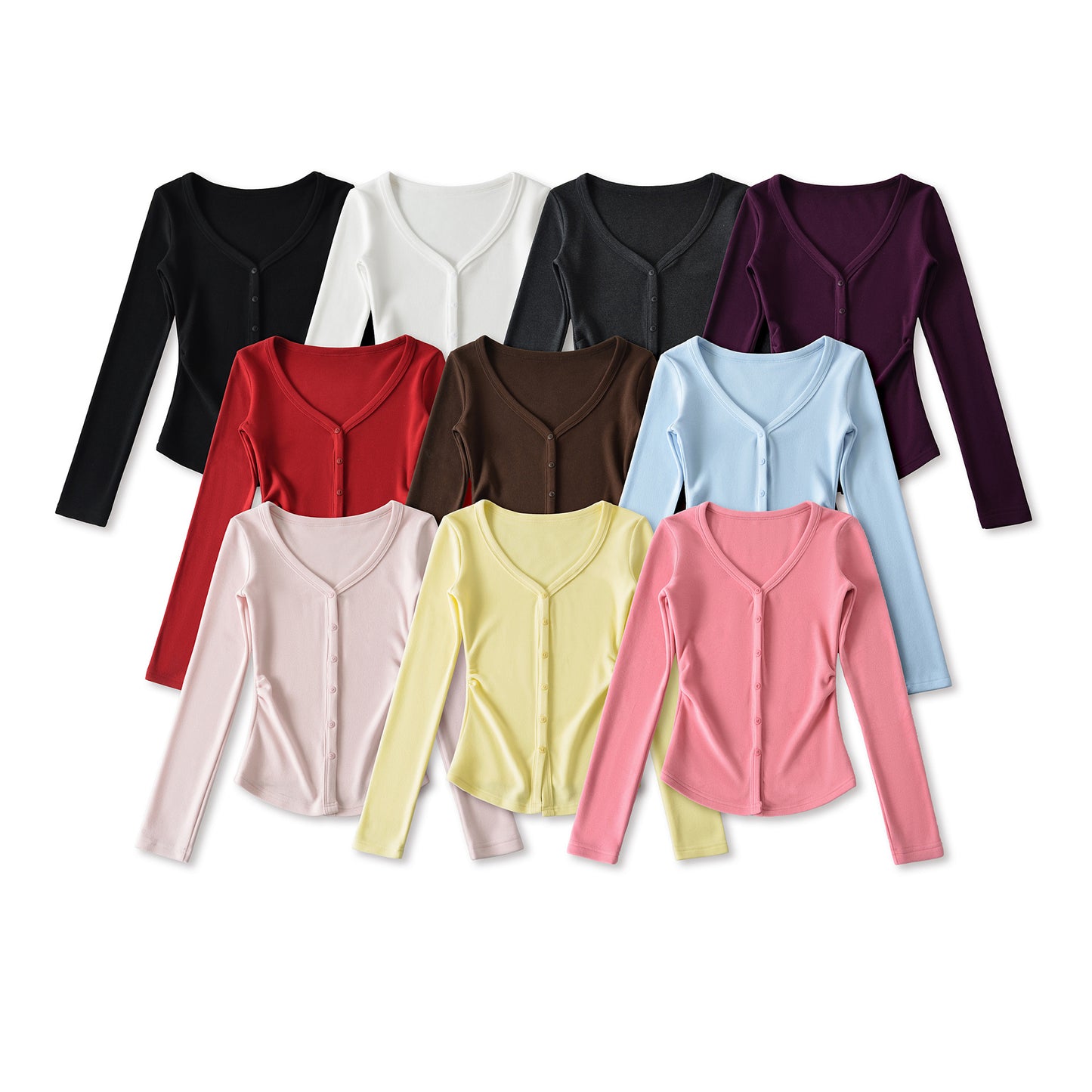 Macaron-colored V-neck Button-front Waist-cinching Top With Long Sleeves