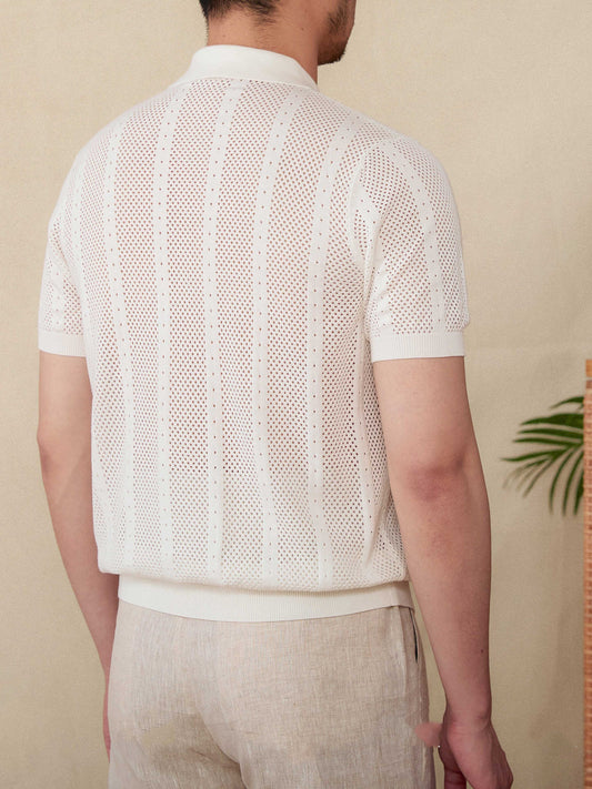 Short Sleeve Lapel Cardigan Breathable Stripes Knitted Casual Shirt Men