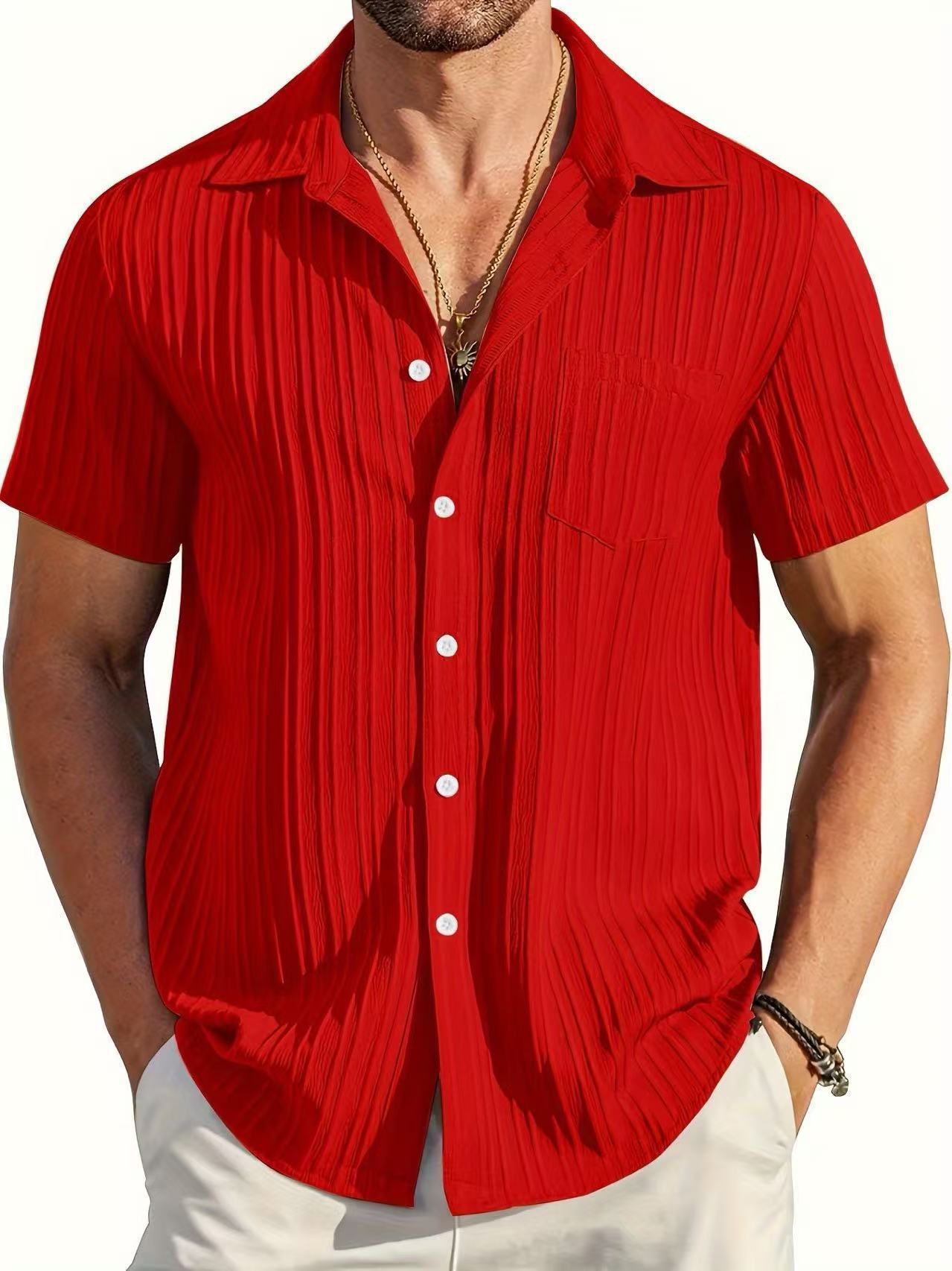 Polo Collar Solid Color Short Sleeve Button Shirt Men's Shirt