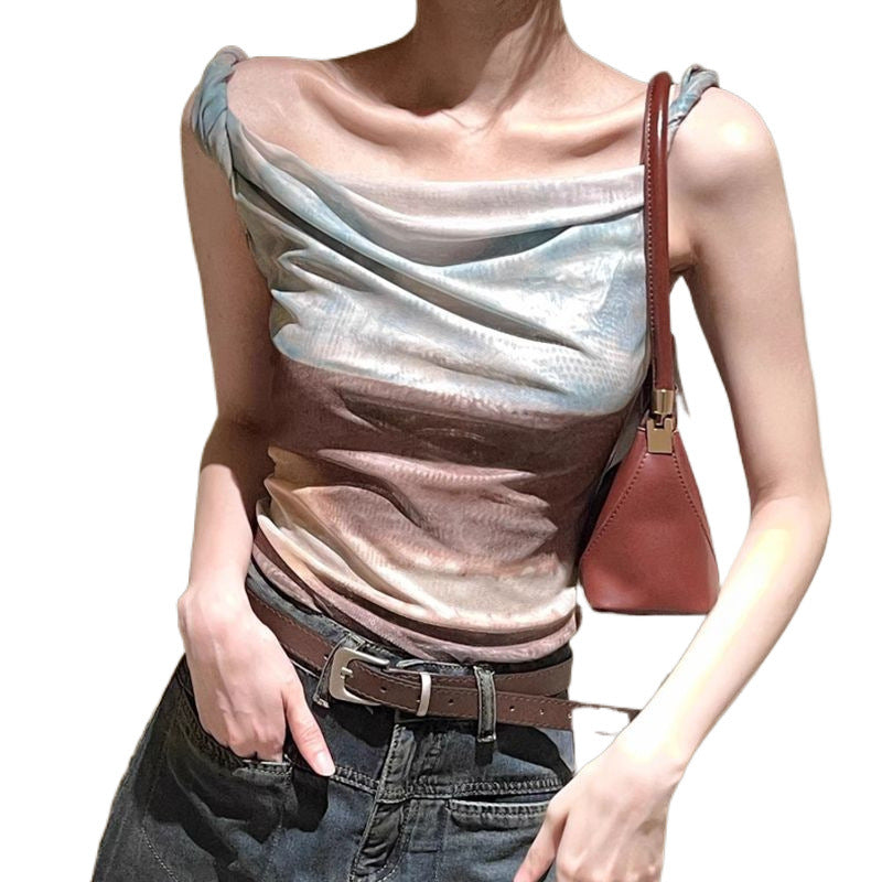 Blooming Abstract Oil Painting Mesh Irregular Spaghetti-strap Vest