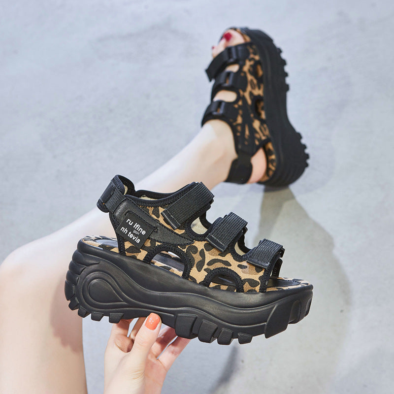 Summer Large Size Sandals Thick-soled Leopard Print Widened Women's Shoes