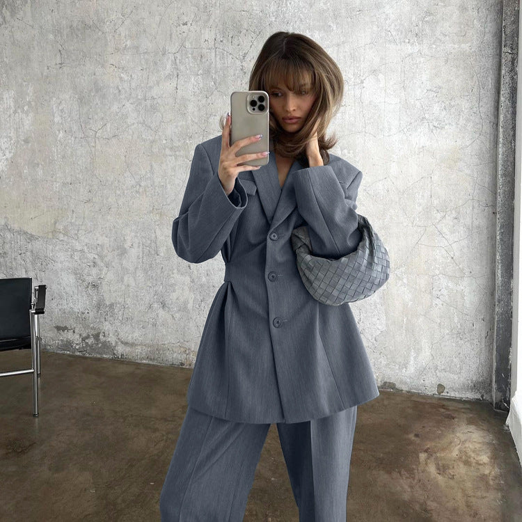 Sophisticated Lapel Waist-cinched Blazer And Casual Trousers Set
