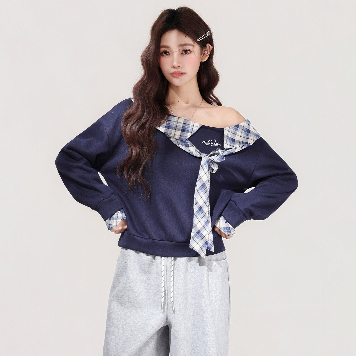 Women's Plaid Bow Off-shoulder Long-sleeve Base Shirt