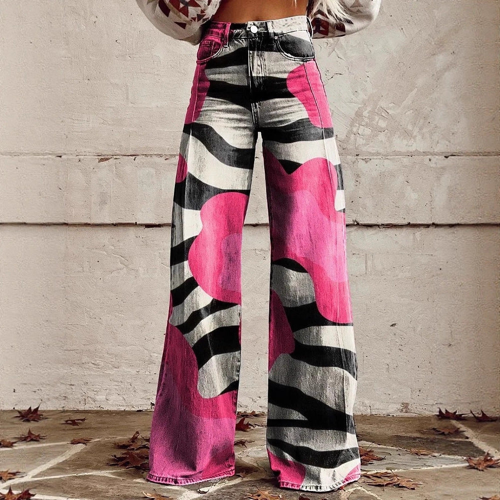 Lightweight Faux Denim Pants With Wide Legs And 3D Print