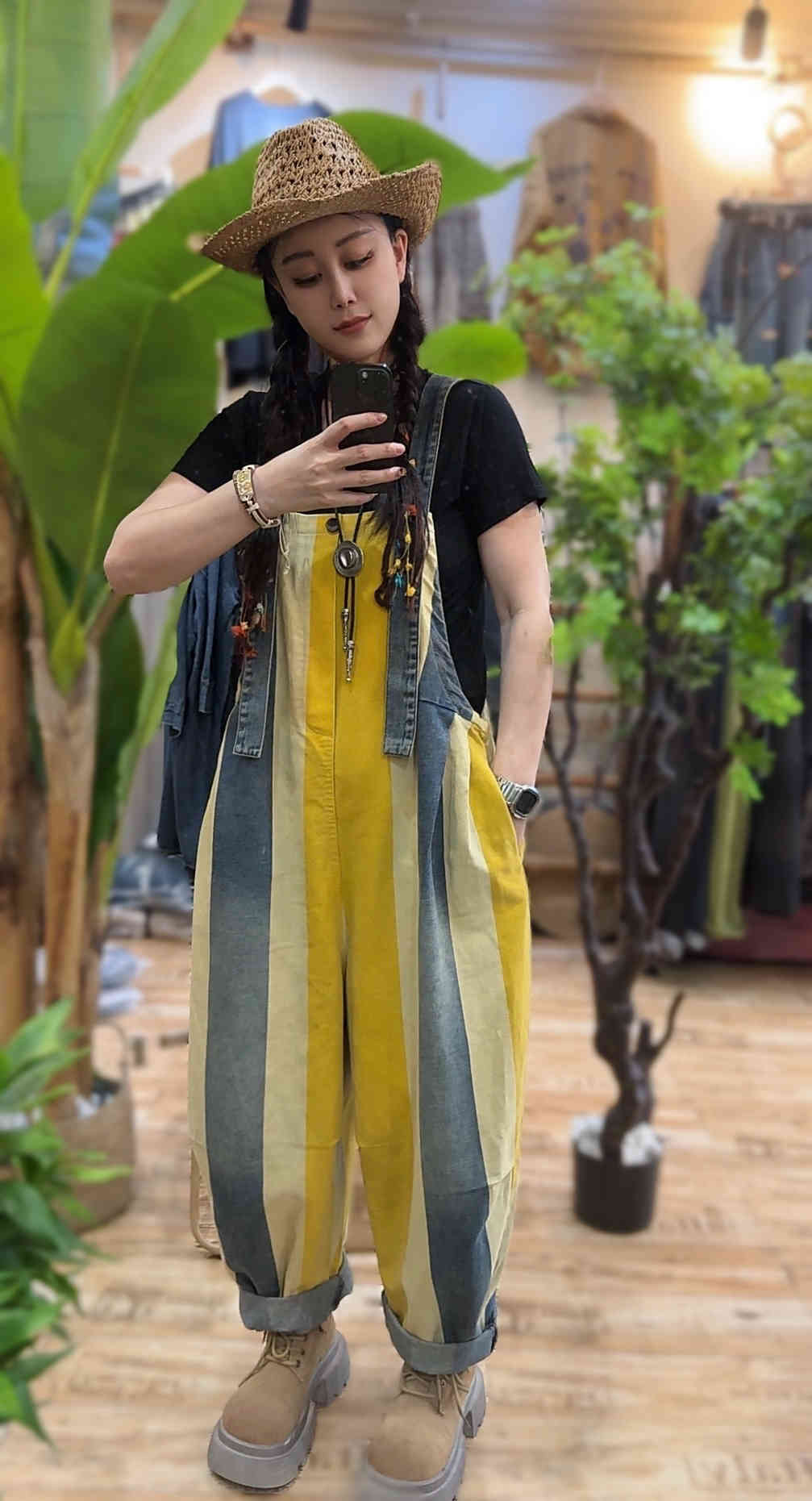 Vintage Stribede Seleshorts Kvinder Løs Bomuldsdenim Jumpsuit