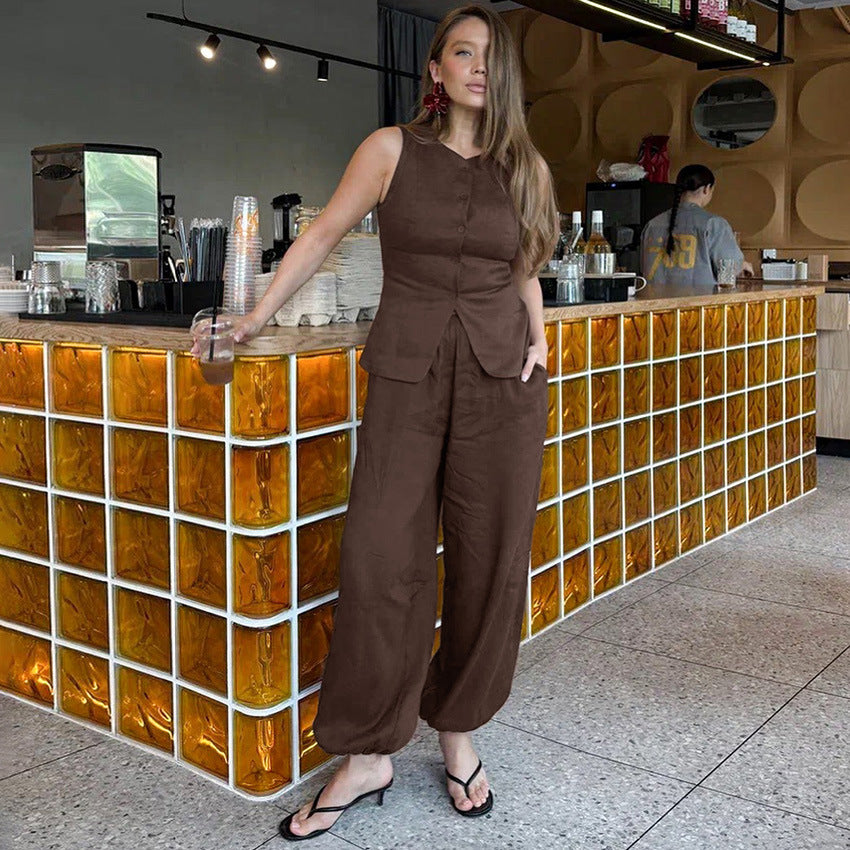 Elegant Commuter Sleeveless Cardigan Top Womens Straight-Leg Pants Long Trousers