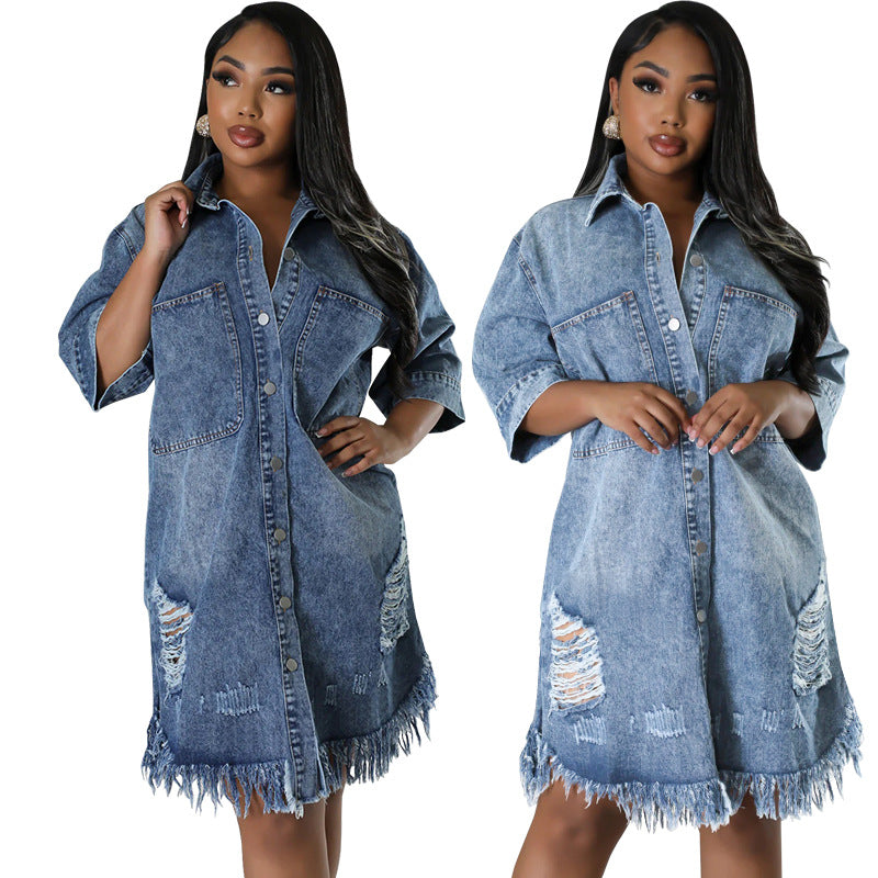 Denim Ripped Fringe Short-Sleeve Lapel Dress