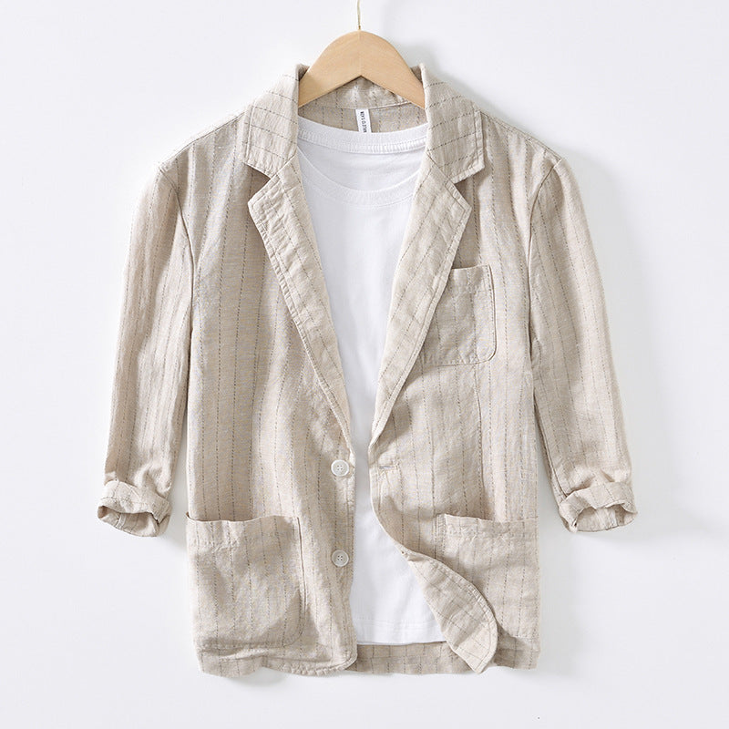 Sleeve Suit Jacket Men's Cotton And Linen Stripes Suit Jacket