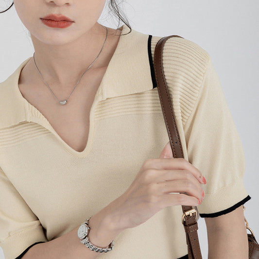 Polo Collar College Style Ice Silk Knitted Short Sleeved T-shirt Women