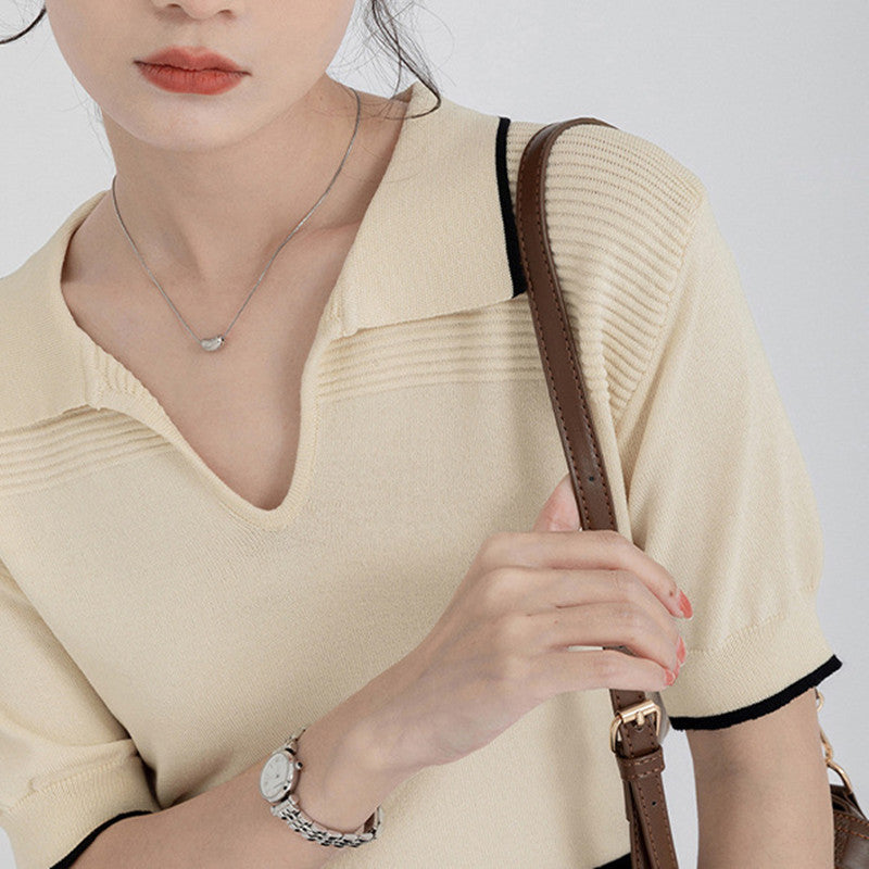 Polo Collar College Style Ice Silk Knitted Short Sleeved T-shirt Women