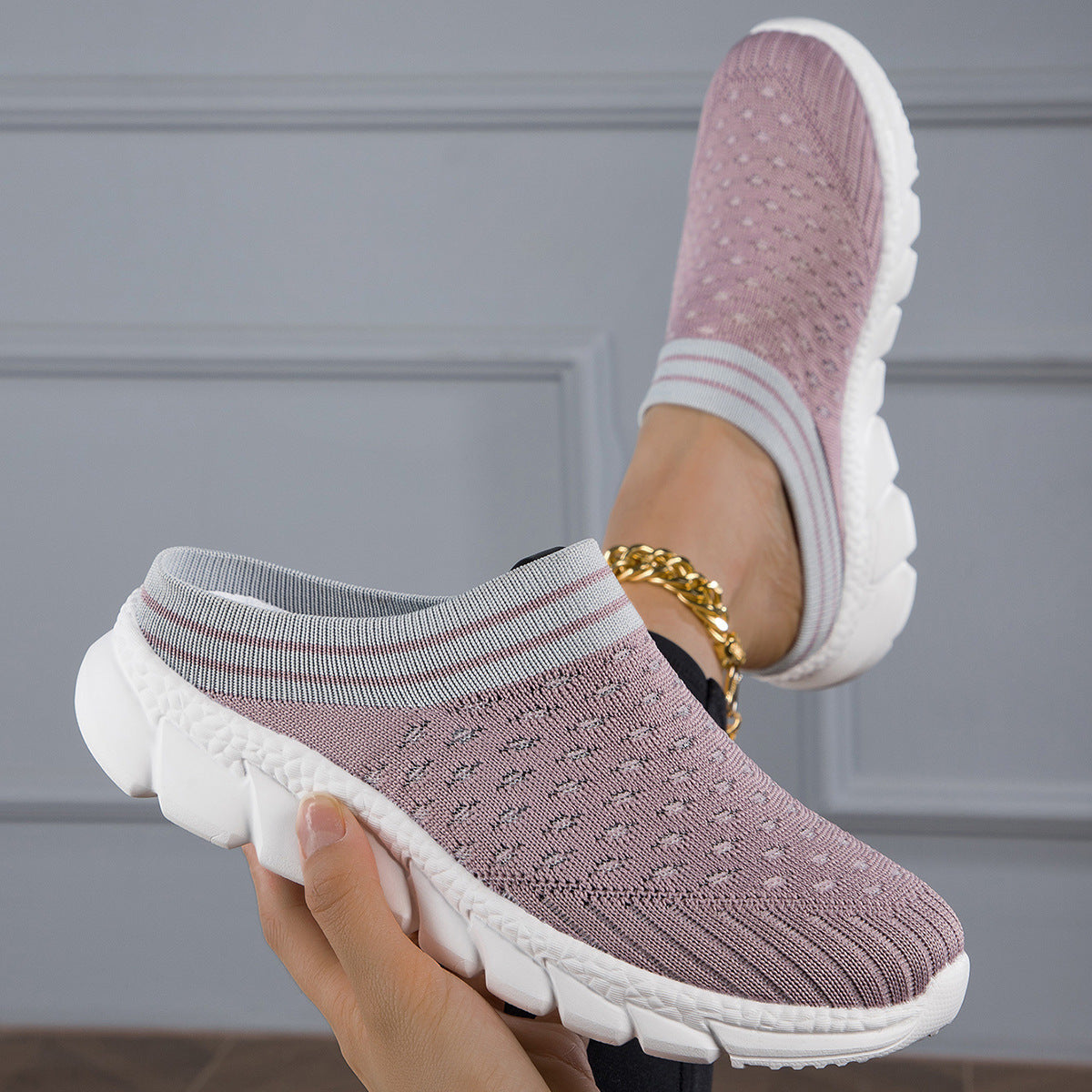 Breathable Flyknit Socks Semi Slipper Women's Shoes Lightweight Casual