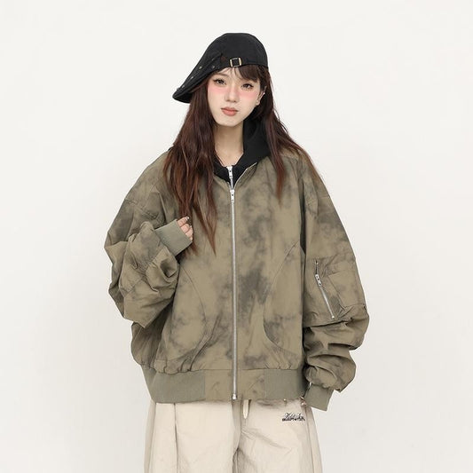 Retro Tie-Dye Hooded Jacket With A Mock Two-Piece Design
