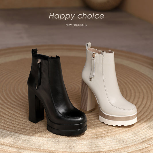 Women's Chunky Heel Platform Leather Side Zip Square Toe Ankle Boots