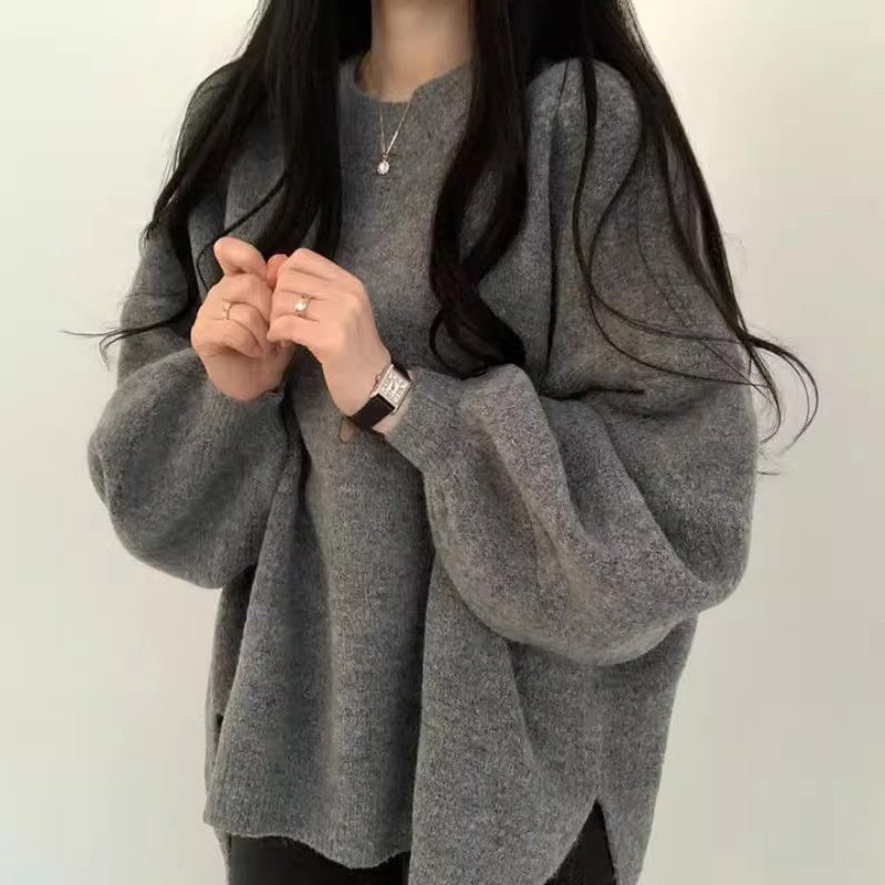 Round Neck Soft Glutinous Loose All-match Side Slit Thermal Sweater For Women