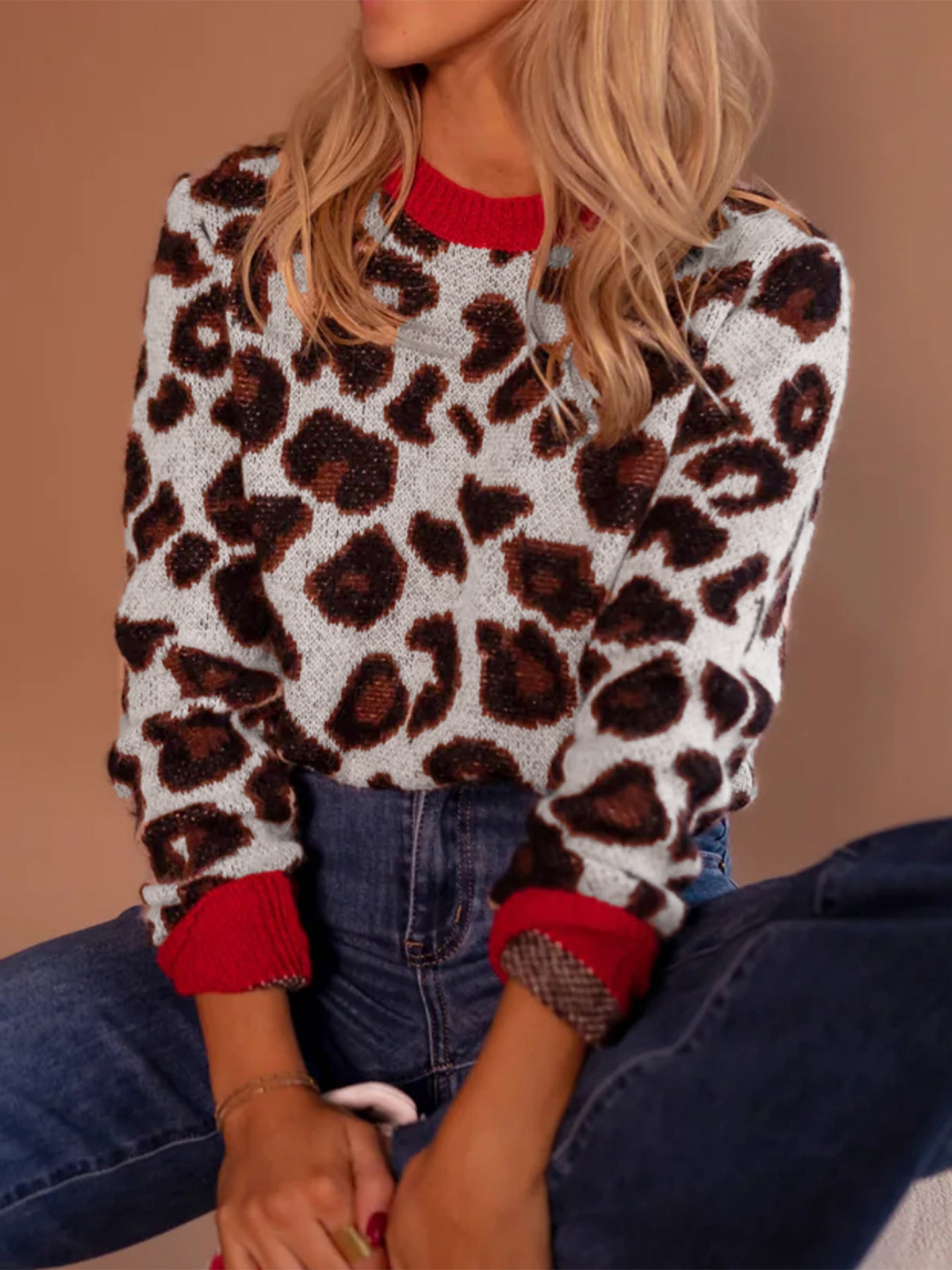 Contrast Color Leopard Jacquard Long-sleeved Knitted Sweater
