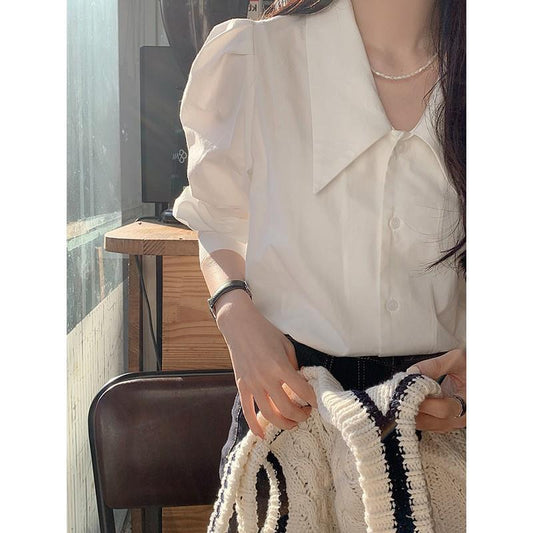 White French Style Shirt For Women Spring And Autumn Chic Puff Sleeve