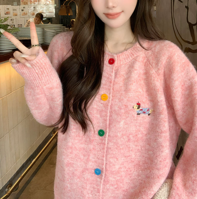 Women's Sweet Round Neck Color Buckle Puppy Pattern Long-sleeved Sweater Cardigan