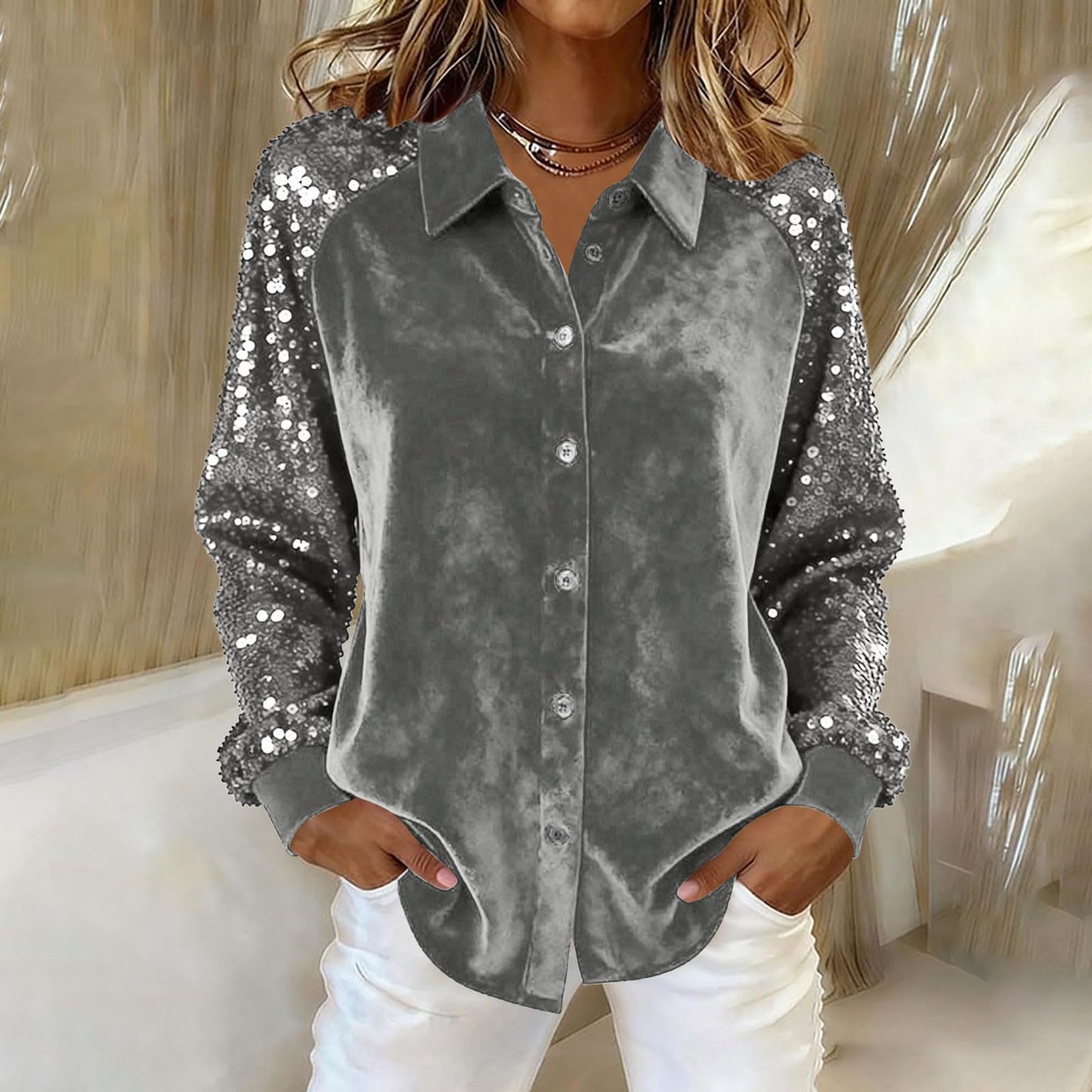New Womens Long-sleeve Shirt In Gold Velvet With Sequin Patchwork