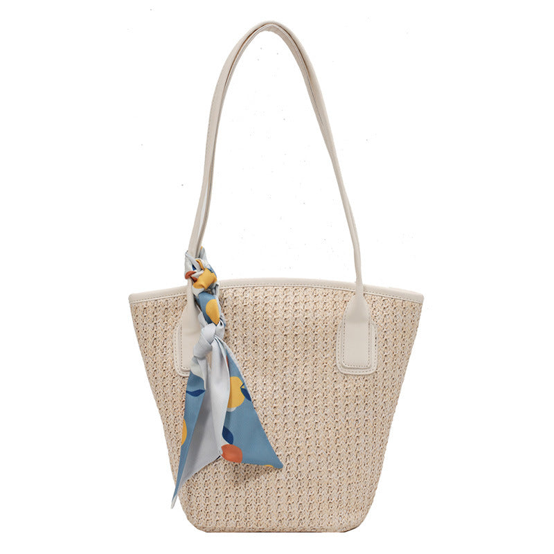 Women's Ins Straw Large Capacity Simple Silk Scarf Rattan Handbag