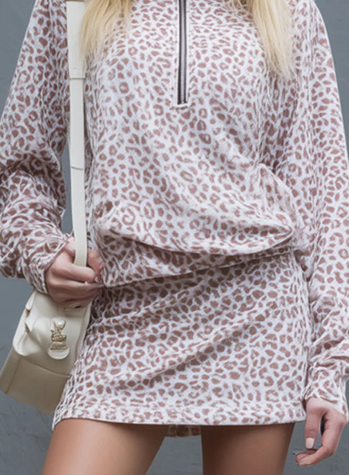 Loose Fitting Leopard Print Stand Collar Zip Up Top And Velvet Skirt Set