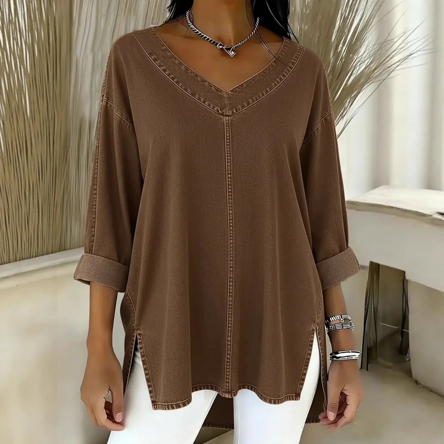 Female Solid Color Casual Street-Style Denim V-Neck Top