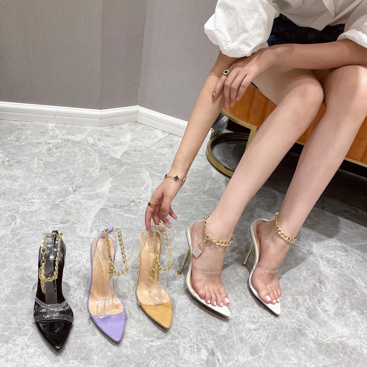 Pointed Toe Transparent Chain High-heel Sandals