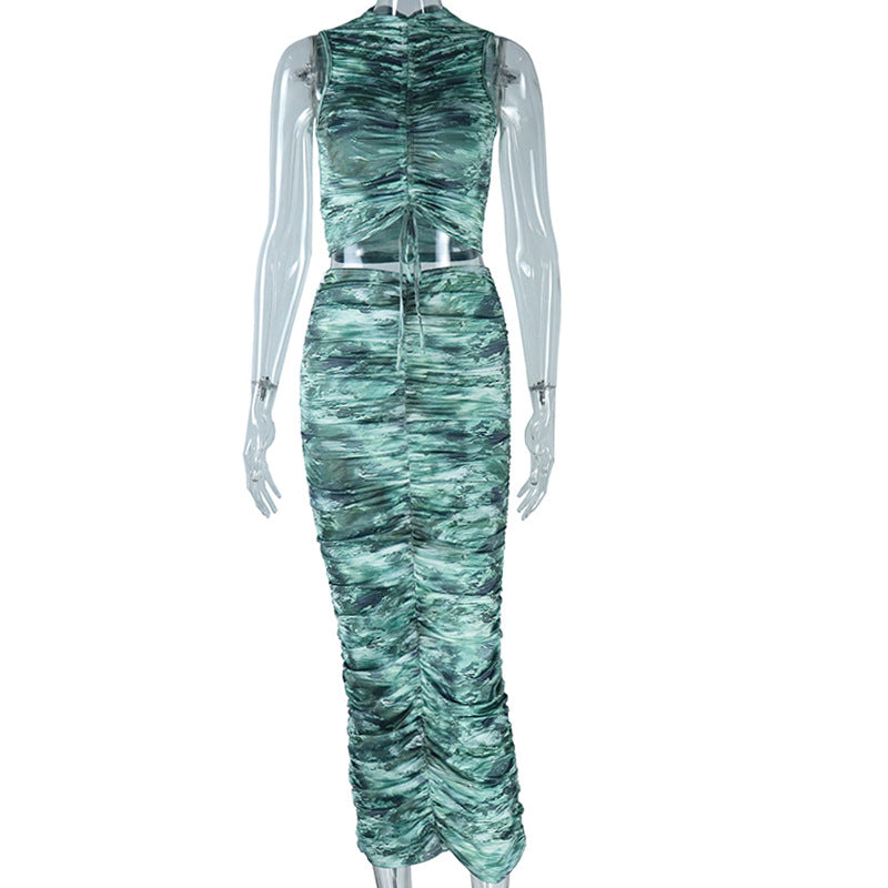 Printed Sleeveless Pullover Top With Drawstring Paired With A Skirttwo-piece Set