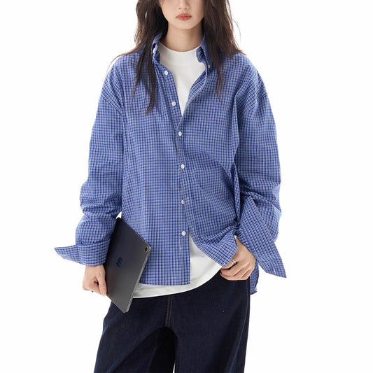 American Retro Blue Plaid Shirt Long Sleeve Women