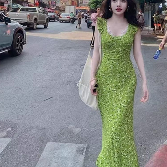 Womens Floral Waist-Cinching Slim-Fit Sexy Lace Slip Dress
