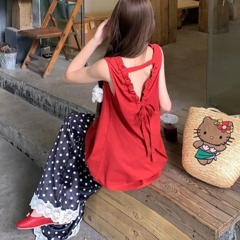 Back-tie Tank Top And Polka-dot Wide-leg Pants Two-piece Set For Women, Perfect For Summer