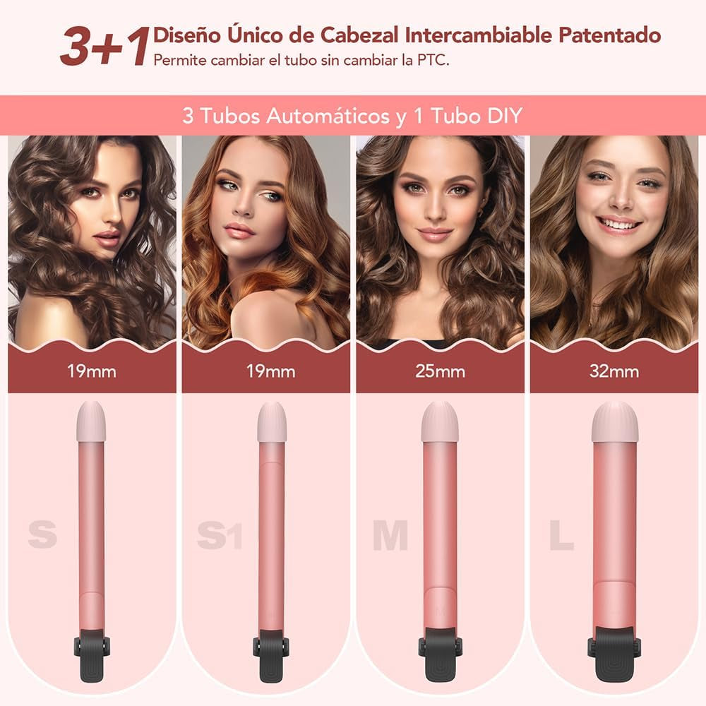 Bestauty Rizador De Pelo Automático Con 4 Barriles De Cerámica Intercambiables, Rizador Pelo De Calentamiento Rápido De 19-32 Mm Con Pantalla LED, 160-220°C Rosa