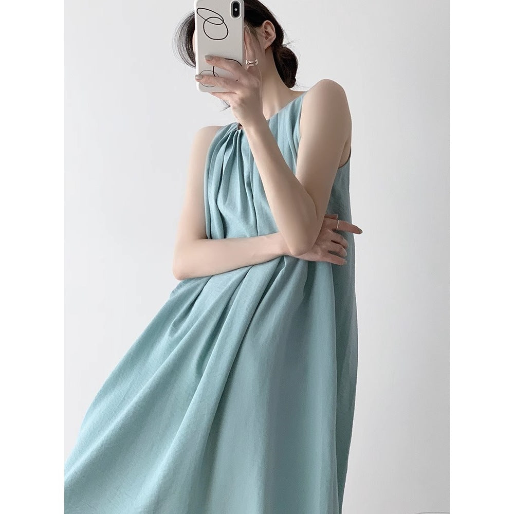 Sleeveless Tank Dress Womens Niche Design Loose All-Match Lightening Cotton-Linen Maxi Dress